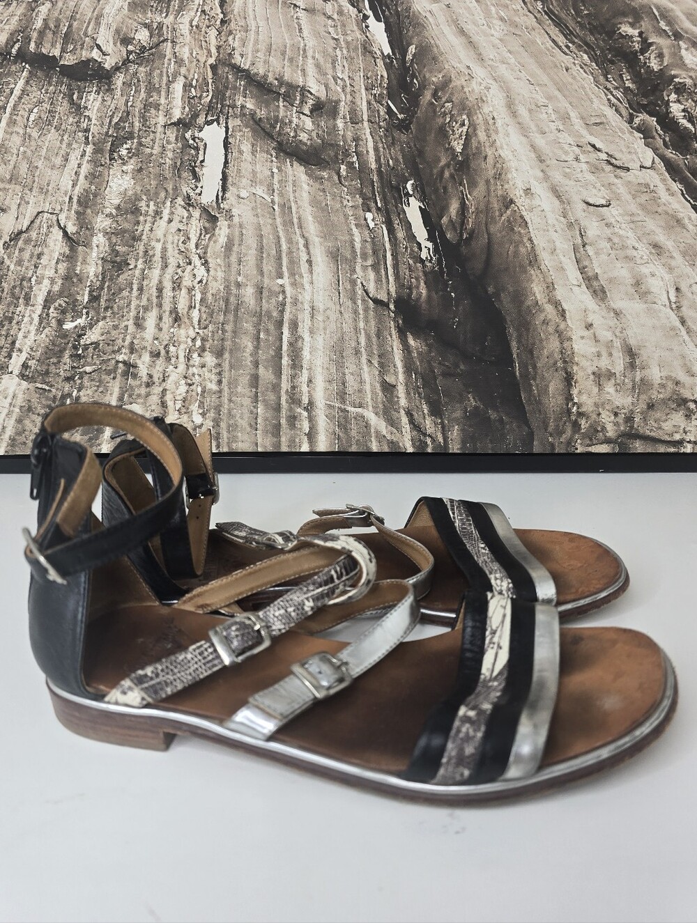 John Fluevog Strappy Snake Print Leather Sandals Black Silver Zambezi